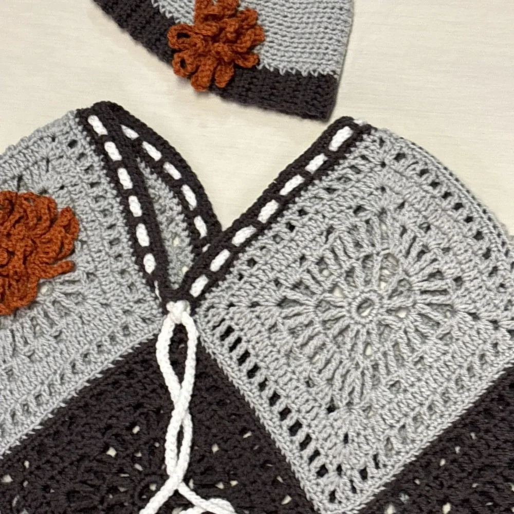 Handmade Boho Poncho Shawl  & Hat Fringe Gray Orange One Size Fits Most‎ Fall
